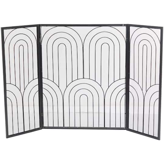 Black Metal Art Deco 3-Panel Fireplace Screen